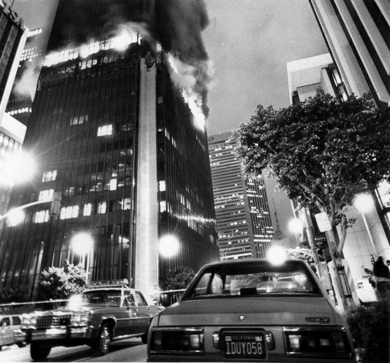 The First Interstate Tower ablaze in flames, 1988