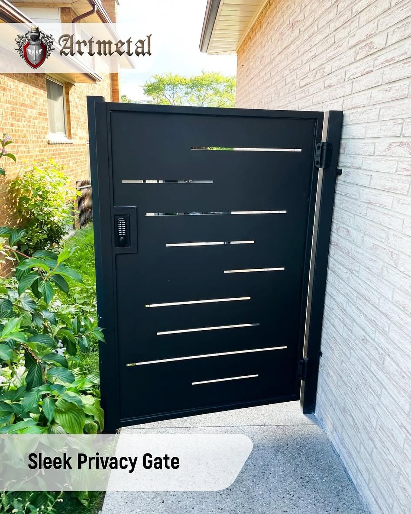 This modern privacy gate combines clean lines with strength. Designed with solid steel and precise laser-cut slots, it creates a contemporary look while offering security. The integrated smart lock adds convenience for today’s lifestyle, blending technology with craftsmanship.Upgrade your home security with style. Call us to start your project💫📞 +1 (416) 848-4588📧 contact@art-metal.ca#ArtMetal #gates  #Customgates  #IndustrialDesign #TorontoMetalwork #builtforpurpose